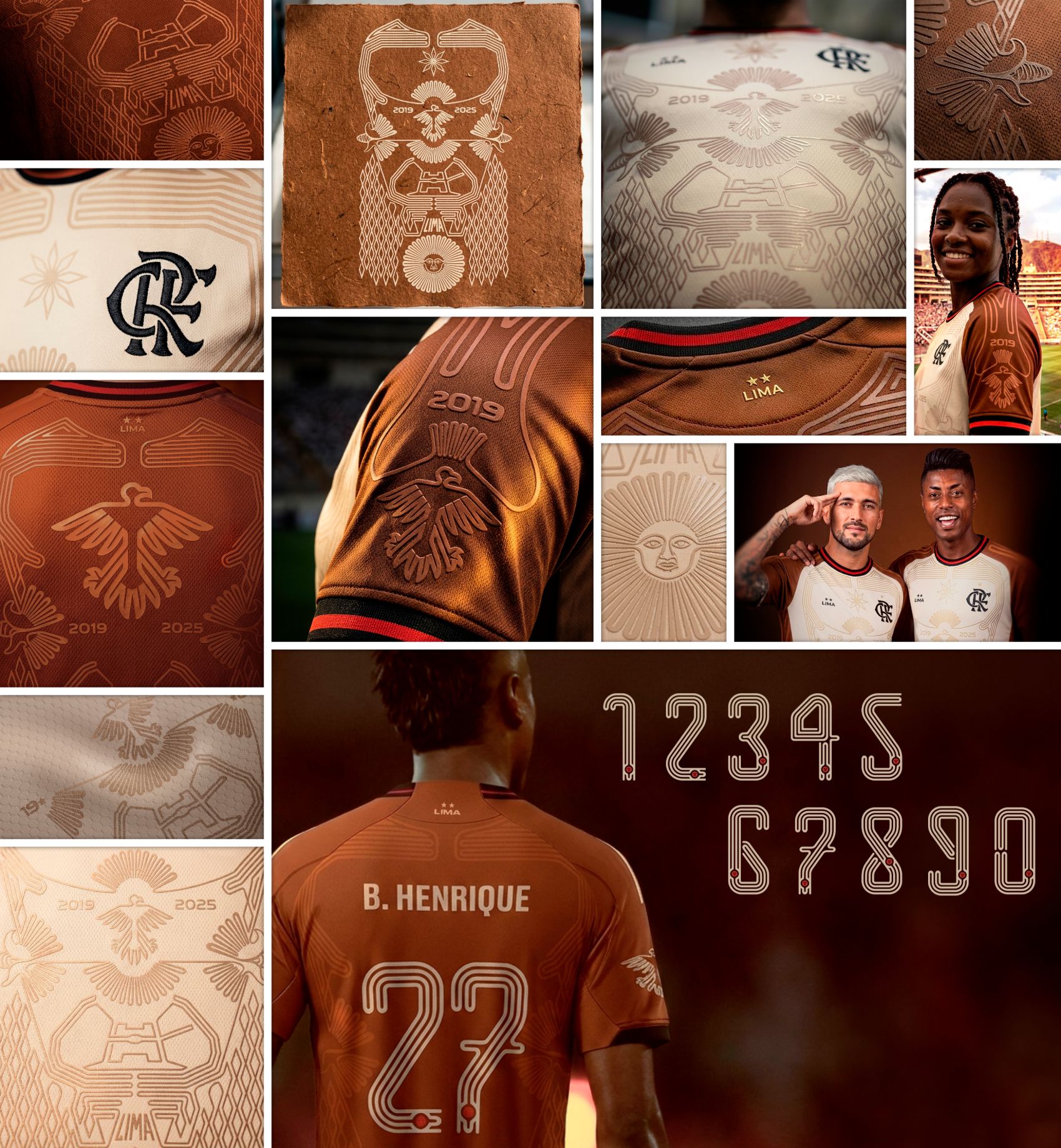 Mosaico de detalhes do manto: bordados, relevos, mangas, gola, numeração e torcedores